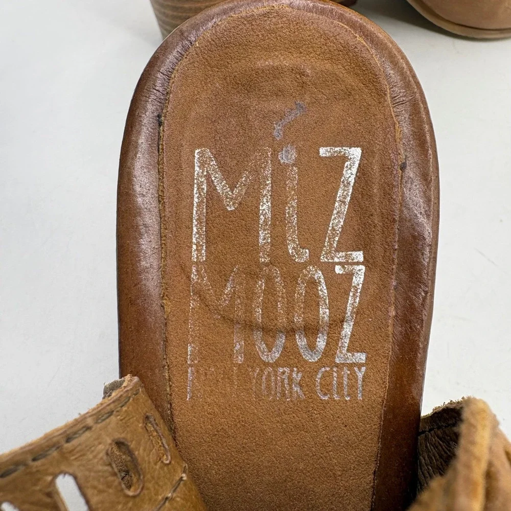 Miz Mooz Tan Leather Wedge Sandals Perforated Caged Strappy‎ Open Toe Shoes 40